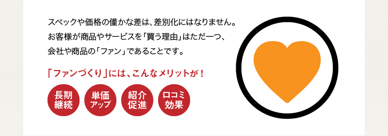 スペックや価格の僅かな差は、差別化にはなりません。お客様が商品やサービスを「買う理由」はただ⼀つ、会社や商品の「ファン」であることです。「ファンづくり」には、こんなメリットが！期継続 単価アップ 紹介促進 口コミ効果