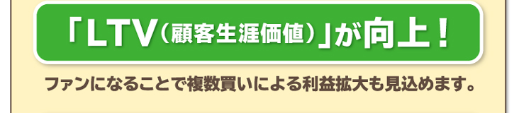 「LTV（顧客生涯価値）」が向上！ファンになることで複数買いによる利益拡大も見込めます。